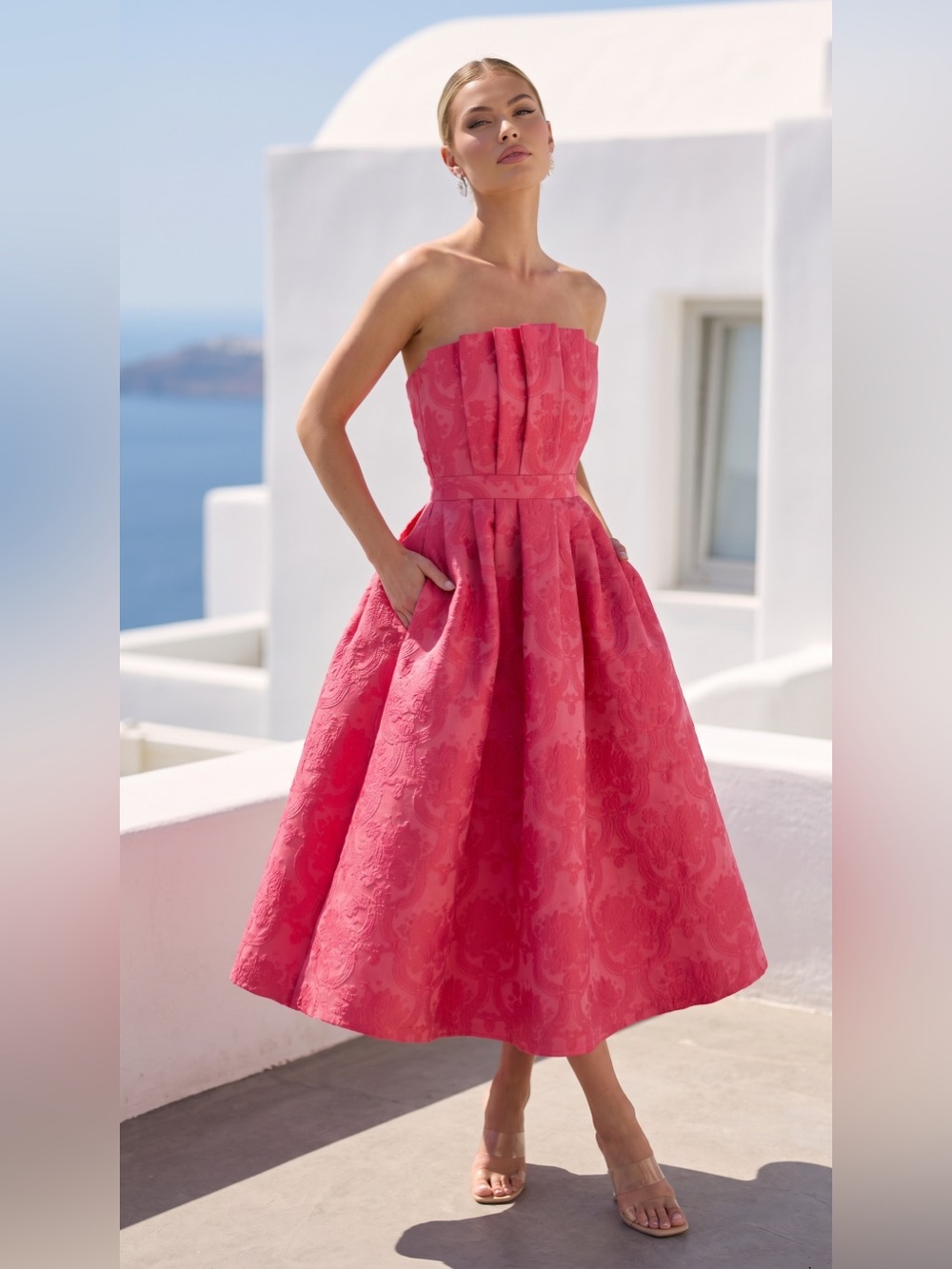 Strapless Floral Jacquard Midi Dress in Coral Pink!